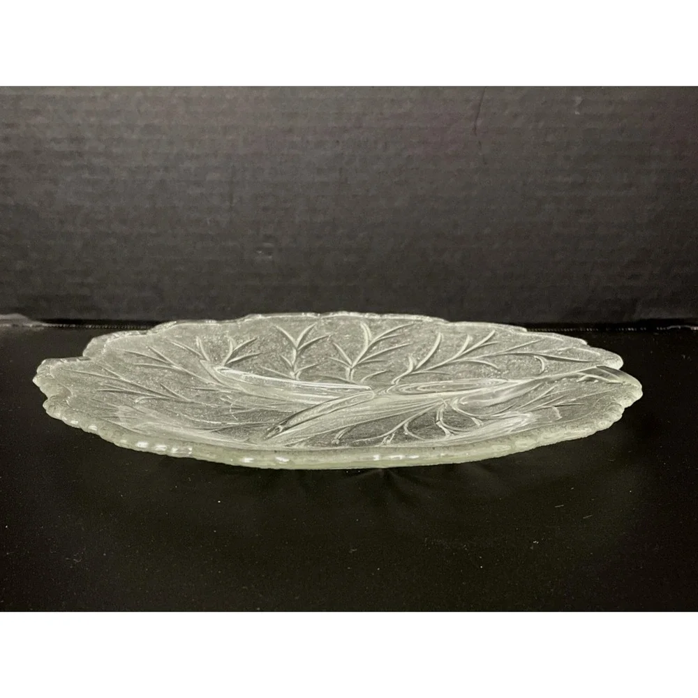 Vtg Clear Glass Leaf Frosted Divided Relish Dish Plate 10